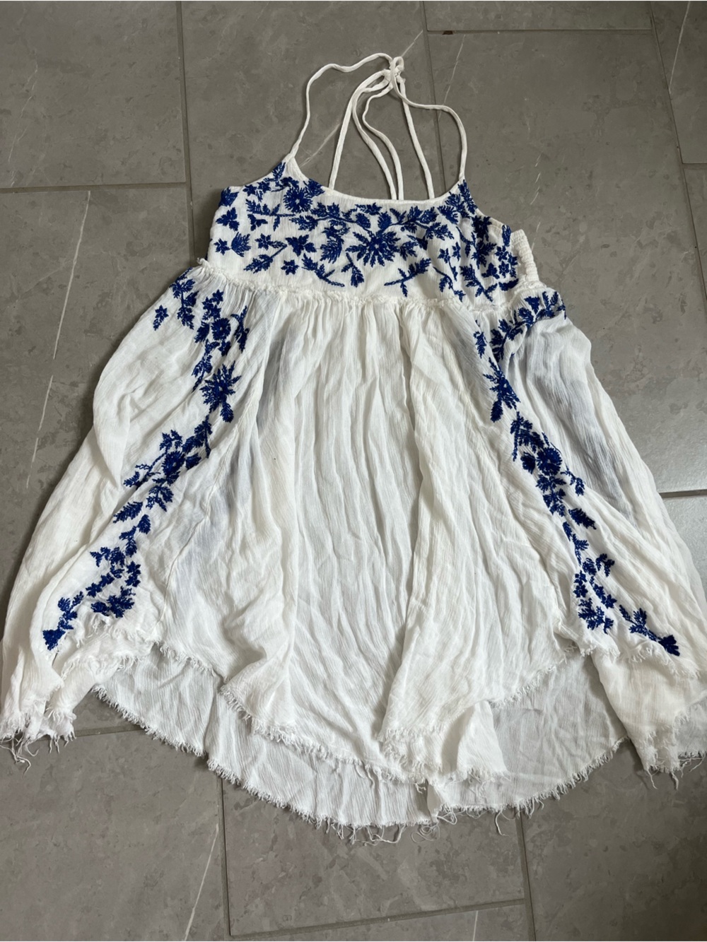 Free people intimates White dress with Blue Floral Embroidery